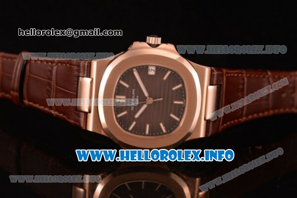 Patek Philippe Nautilus Clone PP Calibre 3120 Automatic Rose Gold Case with Brown Dial Stick Markers and Brown Leather Strap (BP) - Click Image to Close